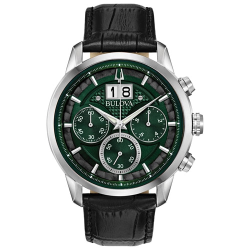 Image 1 of 3.. Bulova Mens Sutton Quartz Watch 44mm Silver-Tone Stainless Steel Case Black Leather Strap with Green Dial