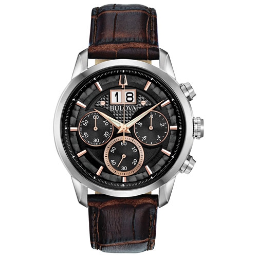 Bulova Mens Sutton Quartz Watch 44mm Silver-Tone Stainless Steel Case Brown Leather Strap with Black Dial