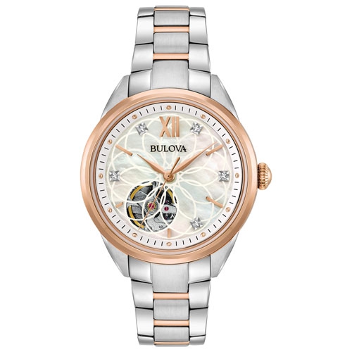 Bulova Ladies Sutton Automatic Watch 34mm Two-Tone Rose Gold-Tone Stainless Steel Case and Bracelet with White Dial