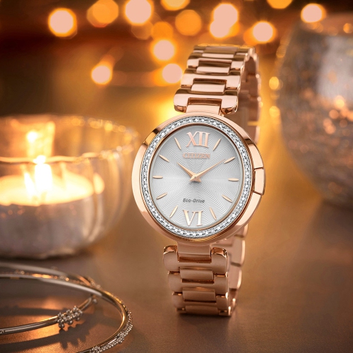 Citizen Ladies Capella Eco-Drive Watch 34mm Pink Gold-Tone Stainless Steel Case and Bracelet with Silver-White Dial
