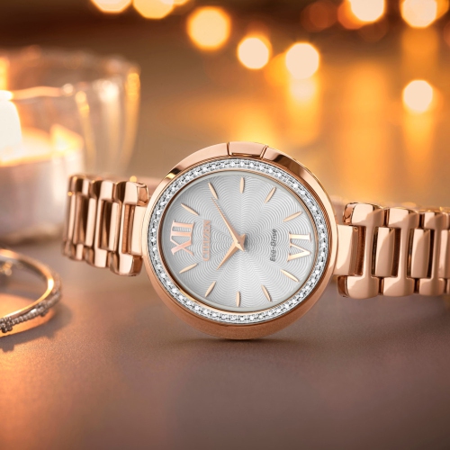 Citizen Ladies Capella Eco-Drive Watch 34mm Pink Gold-Tone Stainless Steel Case and Bracelet with Silver-White Dial
