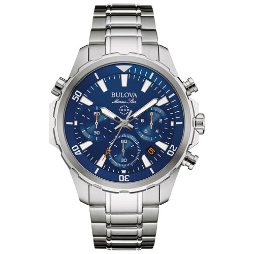 BULOVA WATCH  Bulova Mens Marine Star Quartz Watch 43MM Silver-Tone Stainless Steel Case And Bracelet With Dial (96B256) In Blue