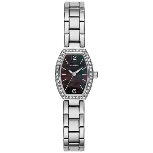 Caravelle Ladies Dress Quartz Watch 18mm Silver-Tone Stainless Steel Case and Bracelet with Black Dial