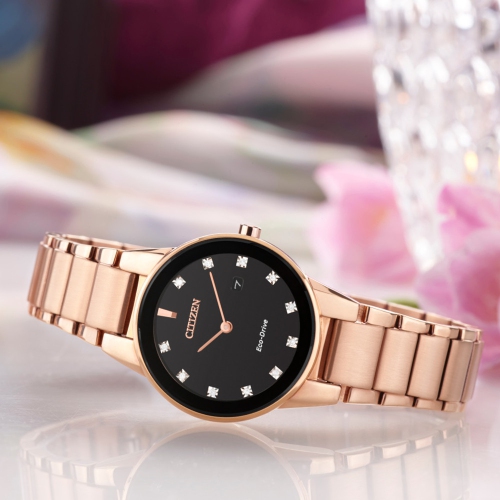 Montre pour femmes Axiom Eco-Drive de Citizen 30 mm avec boîtier et bracelet en acier inoxydable rose doré avec cadran noir