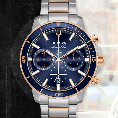 Bulova Mens Marine Star Quartz Watch 45mm Two-Tone Stainless Steel Case and Bracelet with Blue Dial