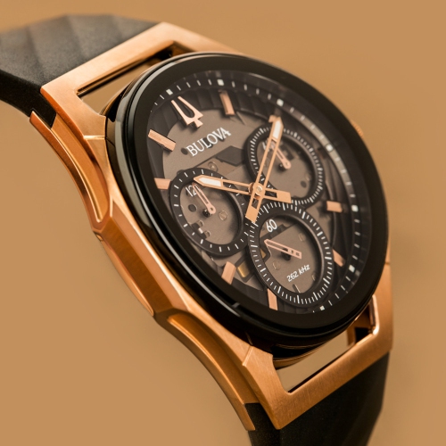 Bulova Mens CURV HPQ Watch 44mm Two-Tone Stainless Steel Case Black EPDM Rubber Strap with Gray Dial