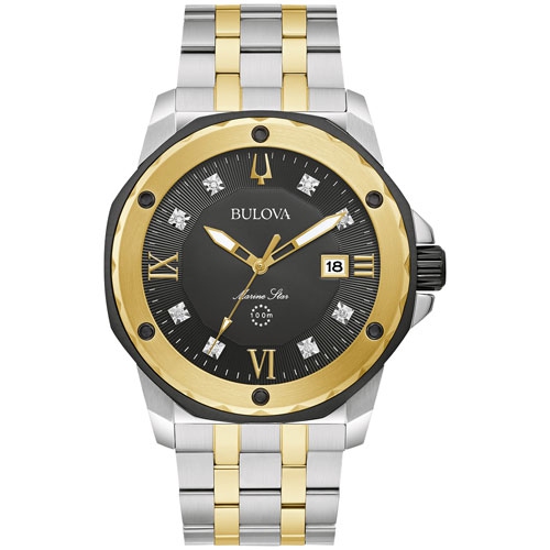 BULOVA WATCH  Bulova Mens Marine Star Quartz Watch 44MM Two-Tone Stainless Steel Case And Bracelet With Dial (98D175) In Black