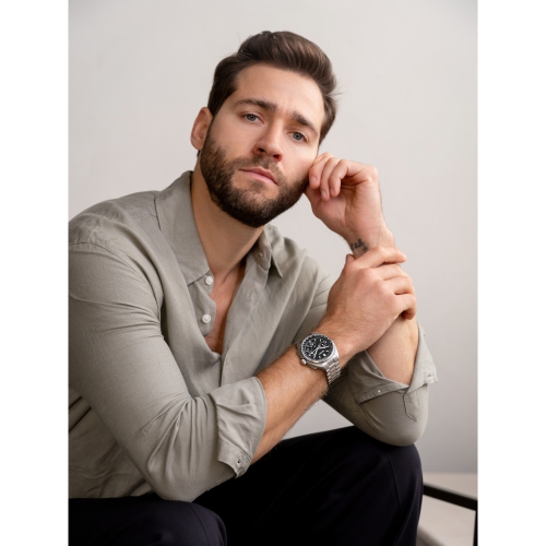 Bulova Mens Lunar Pilot Special Edition HPQ Watch 45mm Silver-Tone Stainless Steel Case and Bracelet with Black Dial