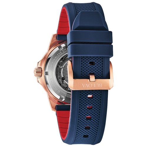 Bulova Mens Marine Star Automatic Watch 44mm Rose Gold-Tone Stainless Steel Case with Blue and Red Silicone Strap with Blue Dial
