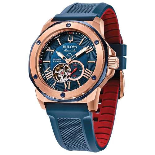 Bulova Mens Marine Star Automatic Watch 44mm Rose Gold-Tone Stainless Steel Case with Blue and Red Silicone Strap with Blue Dial