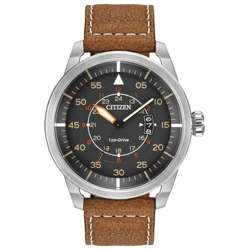 Citizen Mens Avion Japanese Eco-Drive Watch 45mm Silver-Tone Stainless Steel Case Brown Leather Strap with Gray Dial