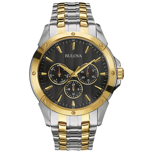 Montre à quartz classique pour hommes de Bulova 43&nbsp;mm avec boîtier et bracelet en acier inoxydable deux tons et cadran noir