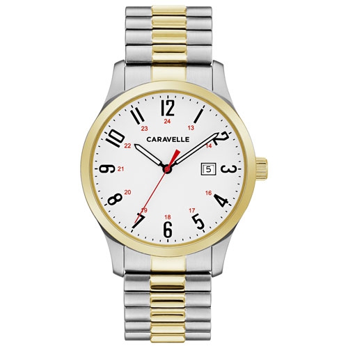 Montre à quartz traditionnelle pour hommes de Caravelle, boîtier en inox deux tons 40&nbsp;mm et cadran blanc