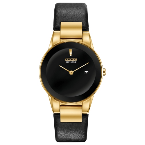 Citizen Ladies Axiom Eco-Drive Watch 30mm Gold-Tone Stainless Steel Case Black Leather Strap with Black Dial