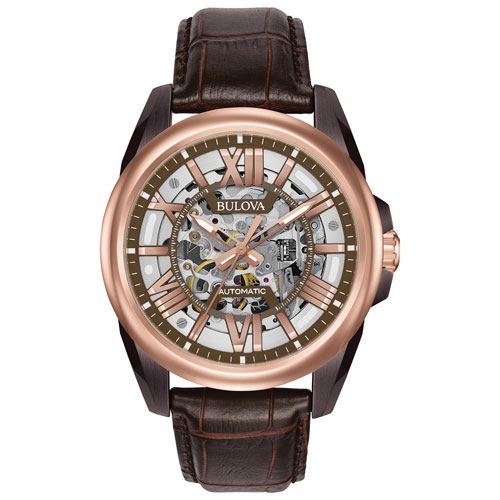 BULOVA WATCH  Bulova Mens Sutton Automatic Watch 43MM Black And Rose Gold-Tone Stainless Steel Case Leather Strap With Dial (98A165) In Brown