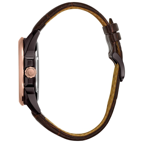 Montre automatique Sutton de Bulova hommes 43 mm avec boîtier en inox noir et rose doré et bracelet en cuir brun avec cadran brun