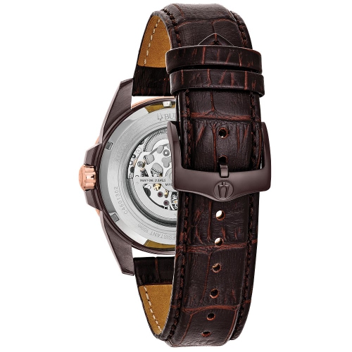 Montre automatique Sutton de Bulova hommes 43 mm avec boîtier en inox noir et rose doré et bracelet en cuir brun avec cadran brun