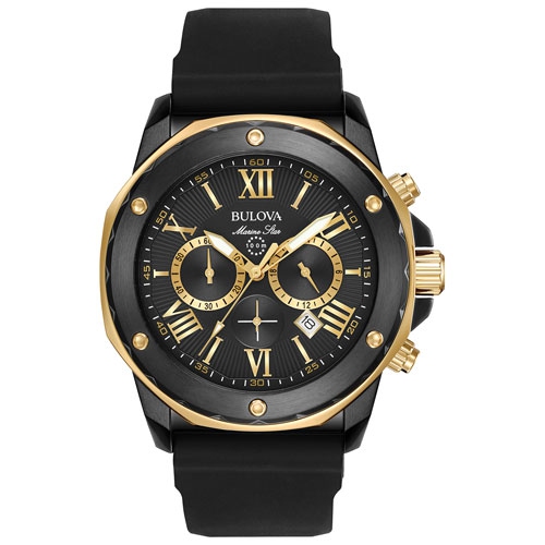 BULOVA WATCH  Bulova Mens Marine Star Quartz Watch 44MM Two-Tone Stainless Steel Case Silicone Strap With Dial (98B278) In Black