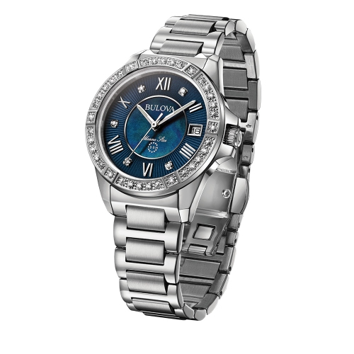Montre à quartz pour femmes Marine Star 32 mm de Bulova avec boîtier et bracelet en acier inoxydable argenté et cadran bleu