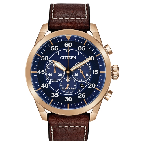 Citizen Mens Avion Eco-Drive Watch 45mm Rose Gold-Tone Stainless Steel Case Brown Leather Strap with Blue Dial