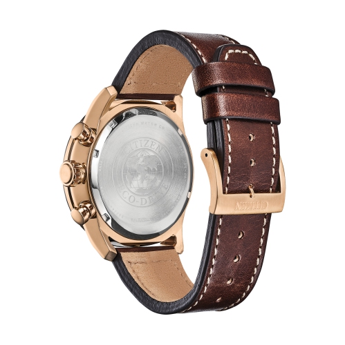Citizen Mens Avion Eco-Drive Watch 45mm Rose Gold-Tone Stainless Steel Case Brown Leather Strap with Blue Dial