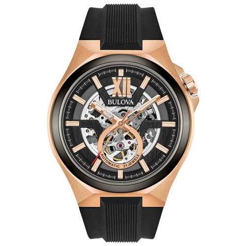 Montre automatique pour hommes Maquina 46&nbsp;mm de Bulova avec boîtier en acier inoxydable rose doré et bracelet en silicone noir avec cadran noir