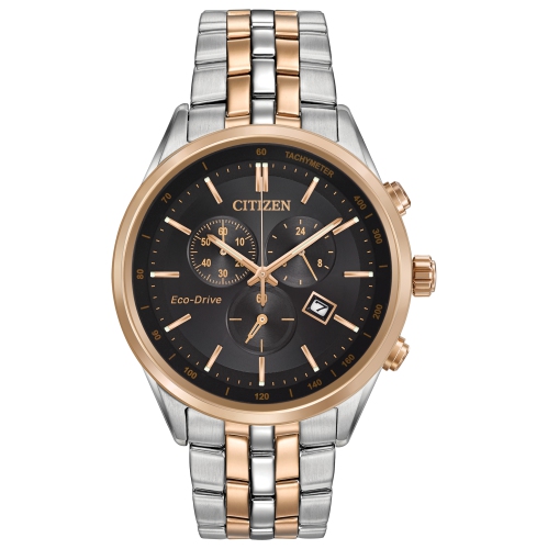 Montre pour hommes Corso Eco-Drive 42&nbsp;mm de Citizen avec boîtier et bracelet en acier inoxydable rose doré et cadran noir