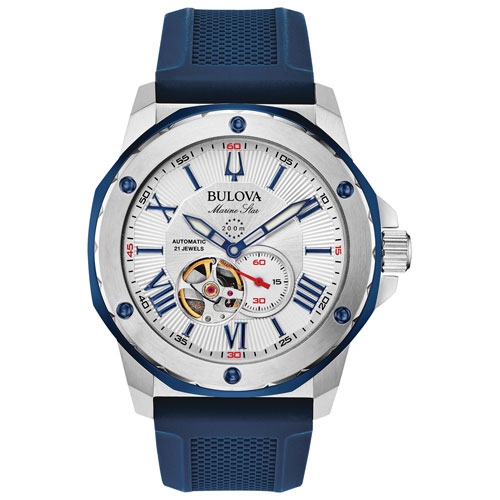 BULOVA WATCH  Bulova Mens Marine Star Automatic Watch 44MM Silver-Tone Stainless Steel Case Blue And Silicone Strap With Silver-White Dial (98A225)