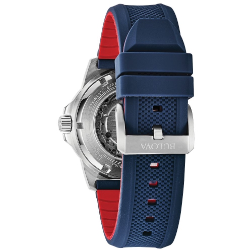 Bulova Mens Marine Star Automatic Watch 44mm Silver-Tone Stainless Steel Case Blue and Red Silicone Strap with Silver-White Dial