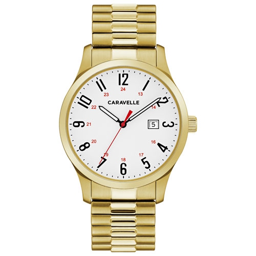 Montre à quartz traditionnelle pour hommes de Caravelle 40&nbsp;mm, boîtier en acier inoxydable doré et cadran blanc