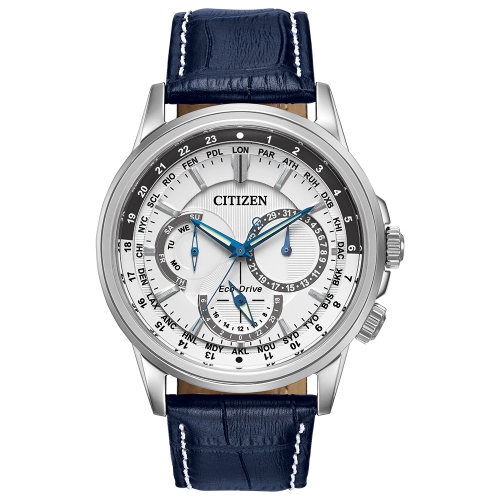 Montre homme à éco-mécanisme, 44&nbsp;mm boîtier en acier inoxydable argenté, bracelet en cuir bleu et cadran blanc Calendrier de Citizen