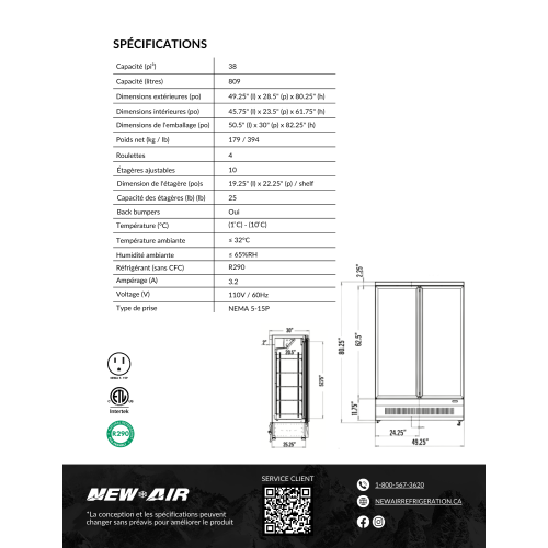 NOUVEAU présentoir commercial de réfrigérateur de 49&nbsp;po à deux portes en verre AIR NGR-49-HB – idéal pour les dépanneurs, l'avant du magasin,