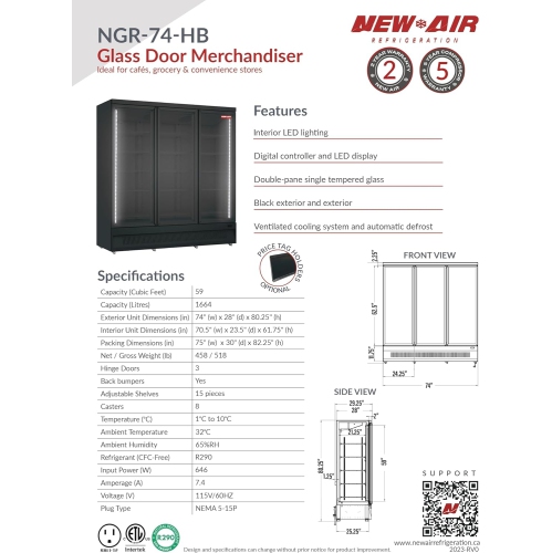 NEW AIR NGR-74-HB Commercial 74" Triple Glass Door Refrigerator Merchandiser - Ideal for Convenience Stores, Front of House, Grocery Stores,