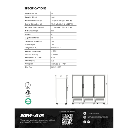 NEW AIR NGR-74-HB Commercial 74" Triple Glass Door Refrigerator Merchandiser - Ideal for Convenience Stores, Front of House, Grocery Stores,