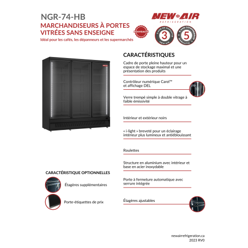 NEW AIR NGR-74-HB Commercial 74" Triple Glass Door Refrigerator Merchandiser - Ideal for Convenience Stores, Front of House, Grocery Stores,