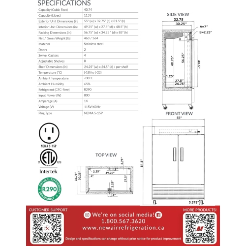 New Air Commercial 54″ 41 Cu. Ft. Double Door FREEZER - Stainless Steel