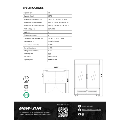 New Air Commercial 54" 43 Cu. Ft. Double Glass Door Merchandiser FREEZER - Black