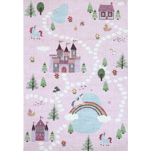RUG BRANCH  Everly Scandinavian Unicorn Castle Map Pink/white Kids Area Rug