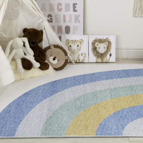 Rug Branch Kids Soft Steps Playtime Rainbow Light Blue Ivory Soft Indoor Area Rug