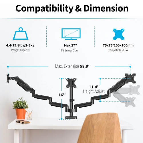 Triple Monitor Mount - Monitor Desk Mount for 3 Computer Screens Up to 27 inch, Triple Monitor Arm with Gas Spring, Heavy Duty Monitor Stand, Each