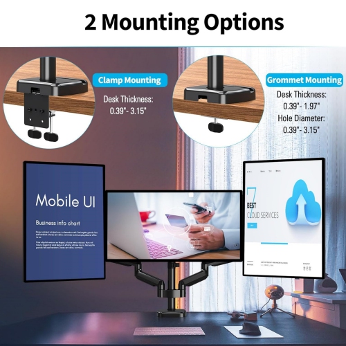Triple Monitor Mount - Monitor Desk Mount for 3 Computer Screens Up to 27 inch, Triple Monitor Arm with Gas Spring, Heavy Duty Monitor Stand, Each