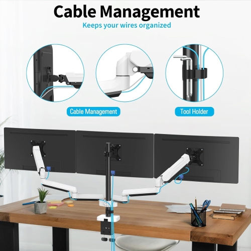 Triple Monitor Mount, 3 Monitor Stand Desk Arm for Max 32 Inch Computer Screens, Max Extension 62.3" Gas Spring Triple Monitor Holder Support