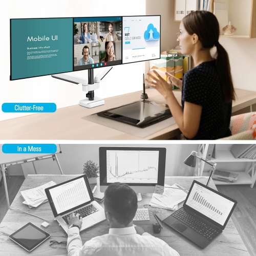 Triple Monitor Mount, 3 Monitor Stand Desk Arm for Max 32 Inch Computer Screens, Max Extension 62.3" Gas Spring Triple Monitor Holder Support