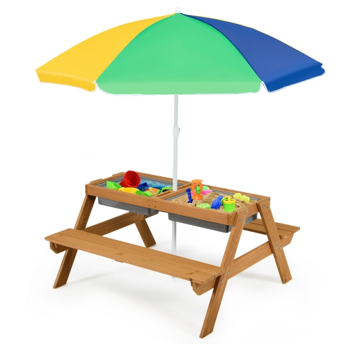 COSTWAY  3-In-1 Kids Picnic Table Wooden Outdoor Sand & Water Table W/umbrella Play Boxes