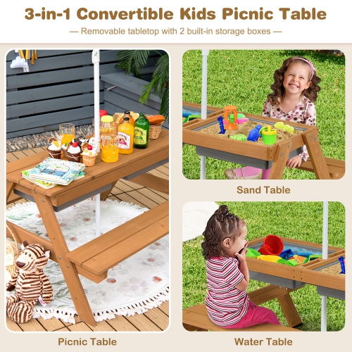 Costway 3-in-1 Kids Picnic Table Wooden Outdoor Sand & Water Table w/Umbrella Play Boxes