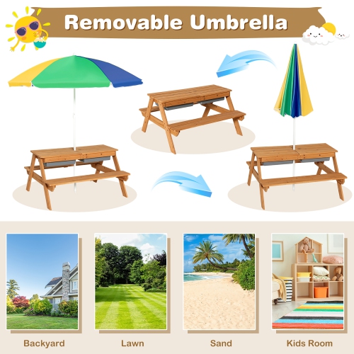 Costway 3-in-1 Kids Picnic Table Wooden Outdoor Sand & Water Table w/Umbrella Play Boxes