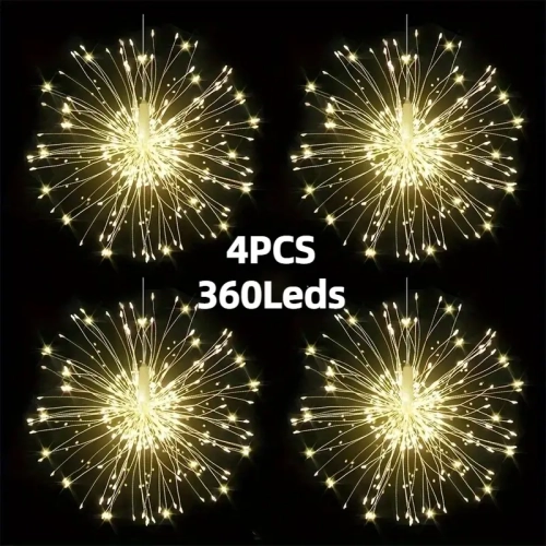 4 feux d'artifice solaires suspendus | 360 LED, 8 modes avec télécommande, extérieur étanche
