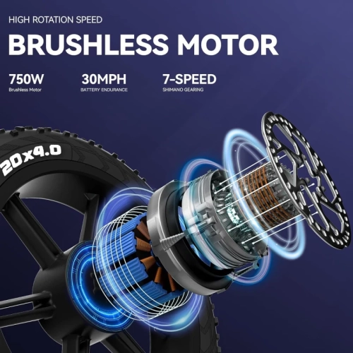 Vélo électrique de 20 x 4,0&nbsp;cm pour adultes | moteur 750&nbsp;W, batterie 14&nbsp;Ah 48&nbsp;V, 7 vitesses, certifié UL