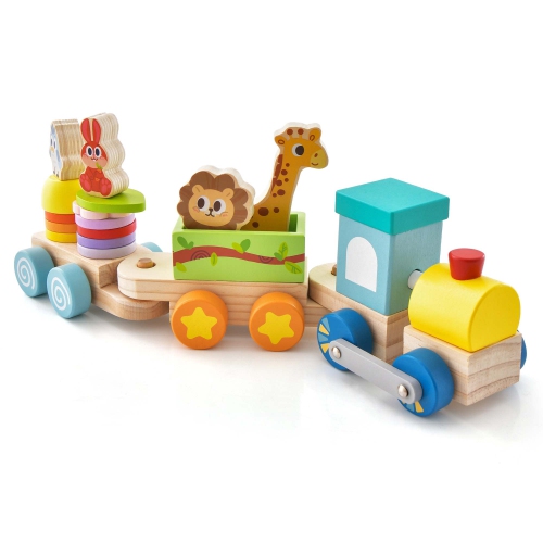 COSTWAY  Wooden Stackable Train Set Kids Educational Fun Cars With Animal Toys & Locomotive