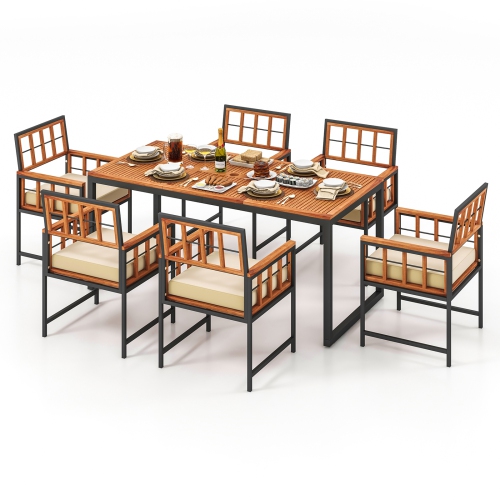 Costway 7 PCS Patio Dining Set Outdoor Acacia Wood Table with Soft Cushions Umbrella Hole